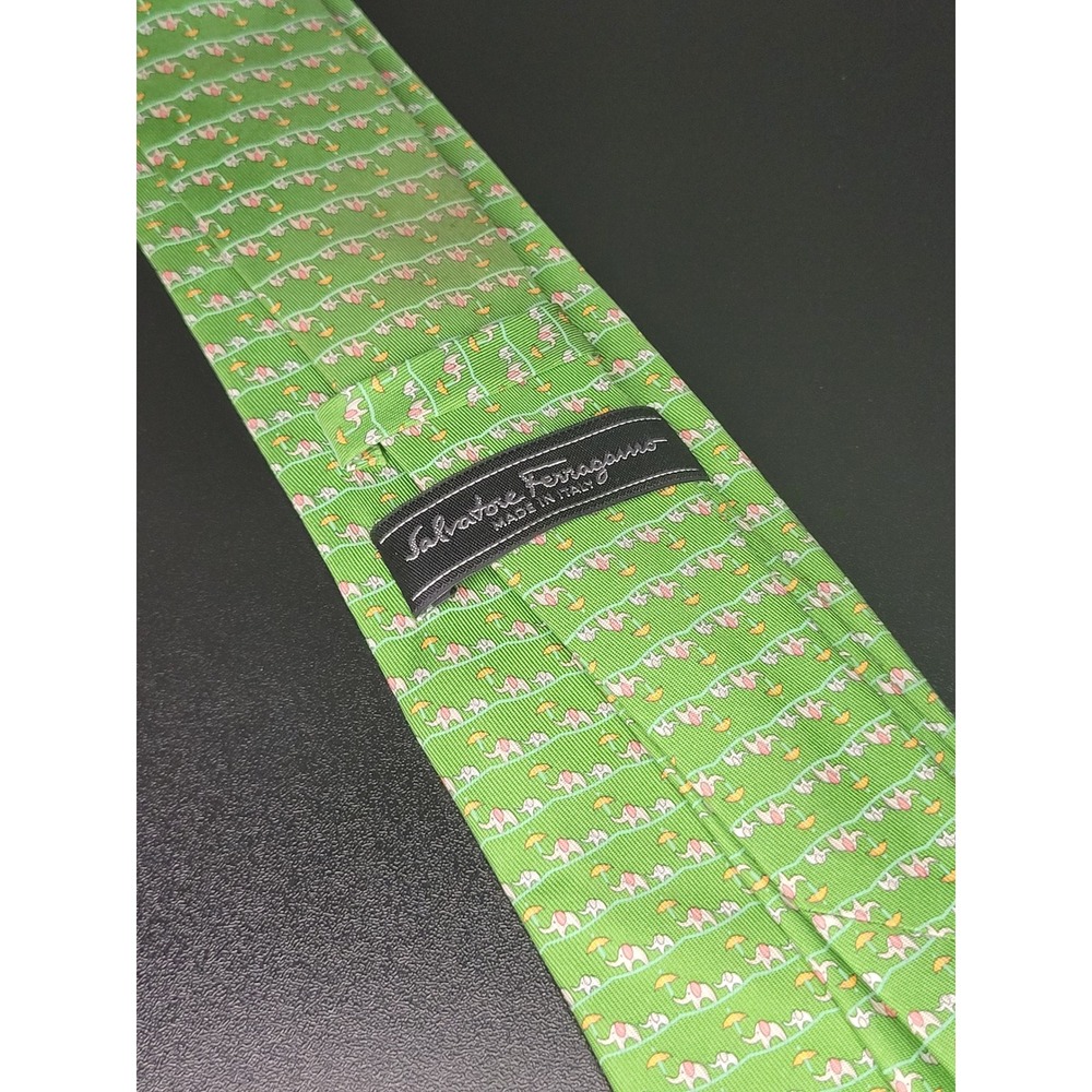 Salvatore Ferragamo Silk Necktie Green Elephant Umbrella Pattern Made in Italy